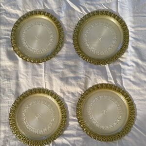 Louis Vuitton LV monogrammed. Set of 4 Gold and Clear Glass Plates 8.5" round.